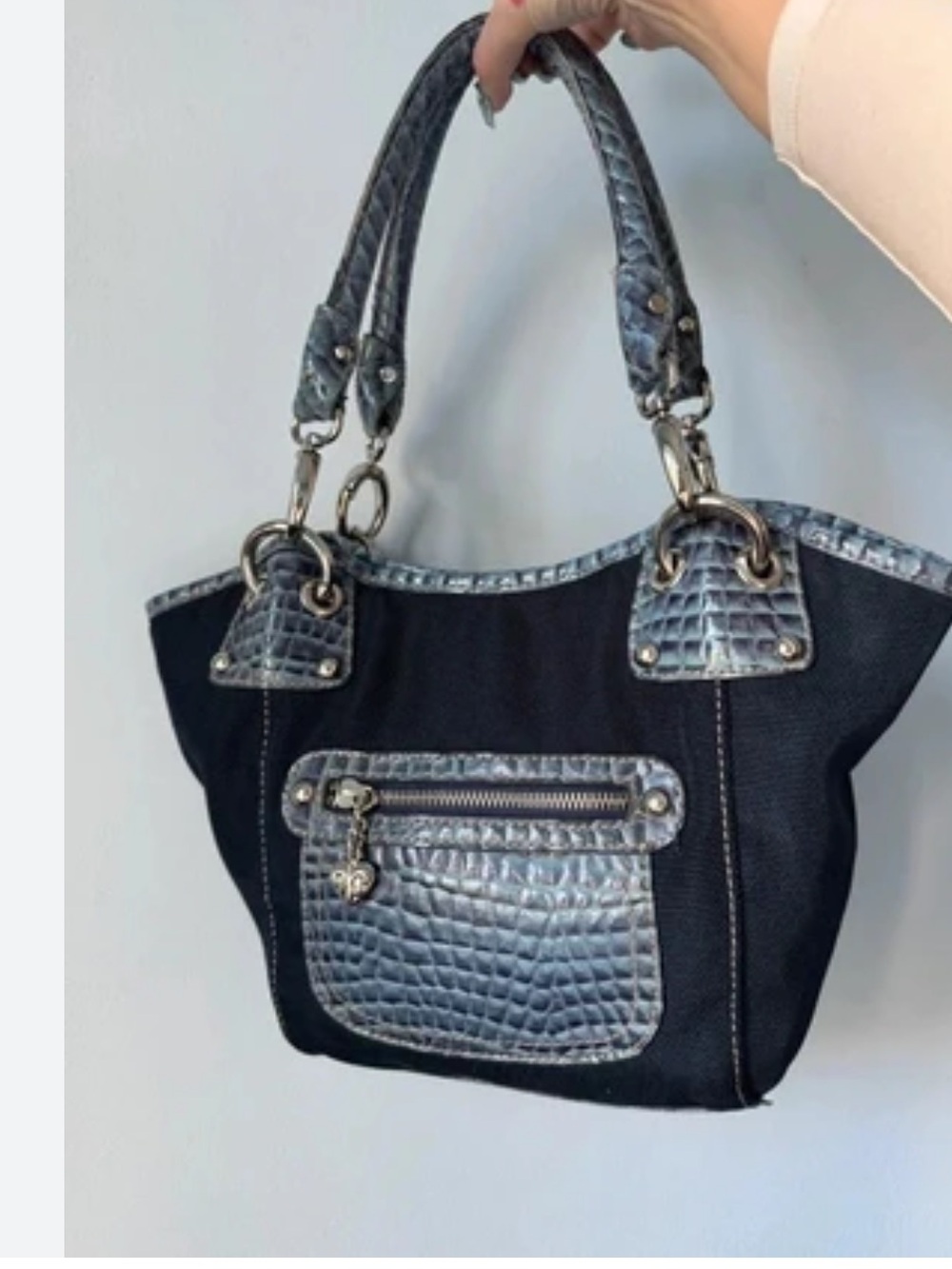 Vintage Kathy Van Zeeland Canvas Shoulder Bag with Crocodile Embossed Front